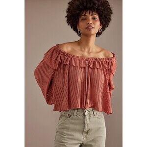 By Anthropologie Size Medium Rose Long-Sleeve Sheer Striped Crop Blouse Top NWT